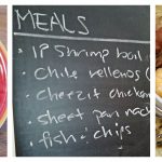 Collage of chile rellenos, meal list on a chalkboard, shrimp and sausage boil